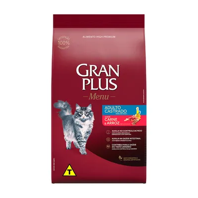 Ração GranPlus Menu Gatos Adultos Castrados Carne e Arroz