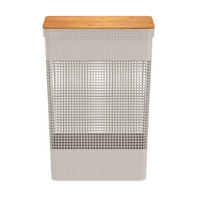 Cesto de Roupa Grid com Tampa de Bambu Bege Ou