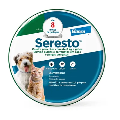 Coleira Antipulgas Seresto Cães e Gatos até 8 kg - 8 Meses de Proteção