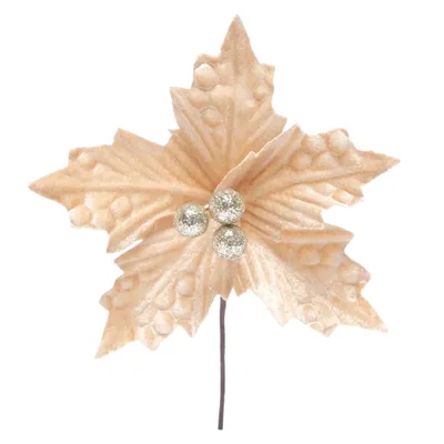 Flor Poinsetia Flocada Natal 16cm Champagne Cromus