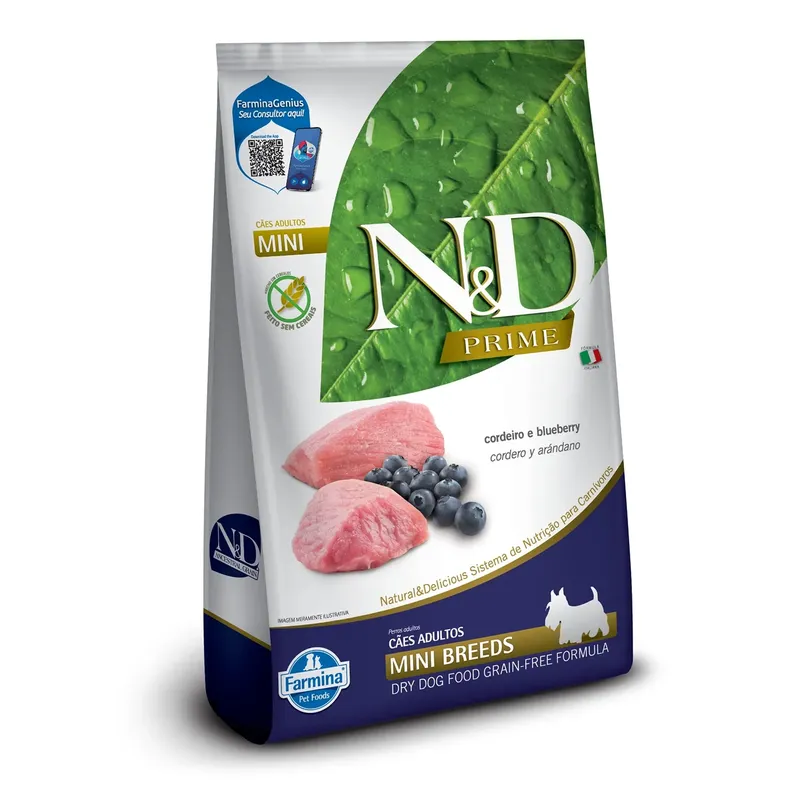 Ração N&D Prime Canine Cães Adultos Mini Cordeiro e Blueberry